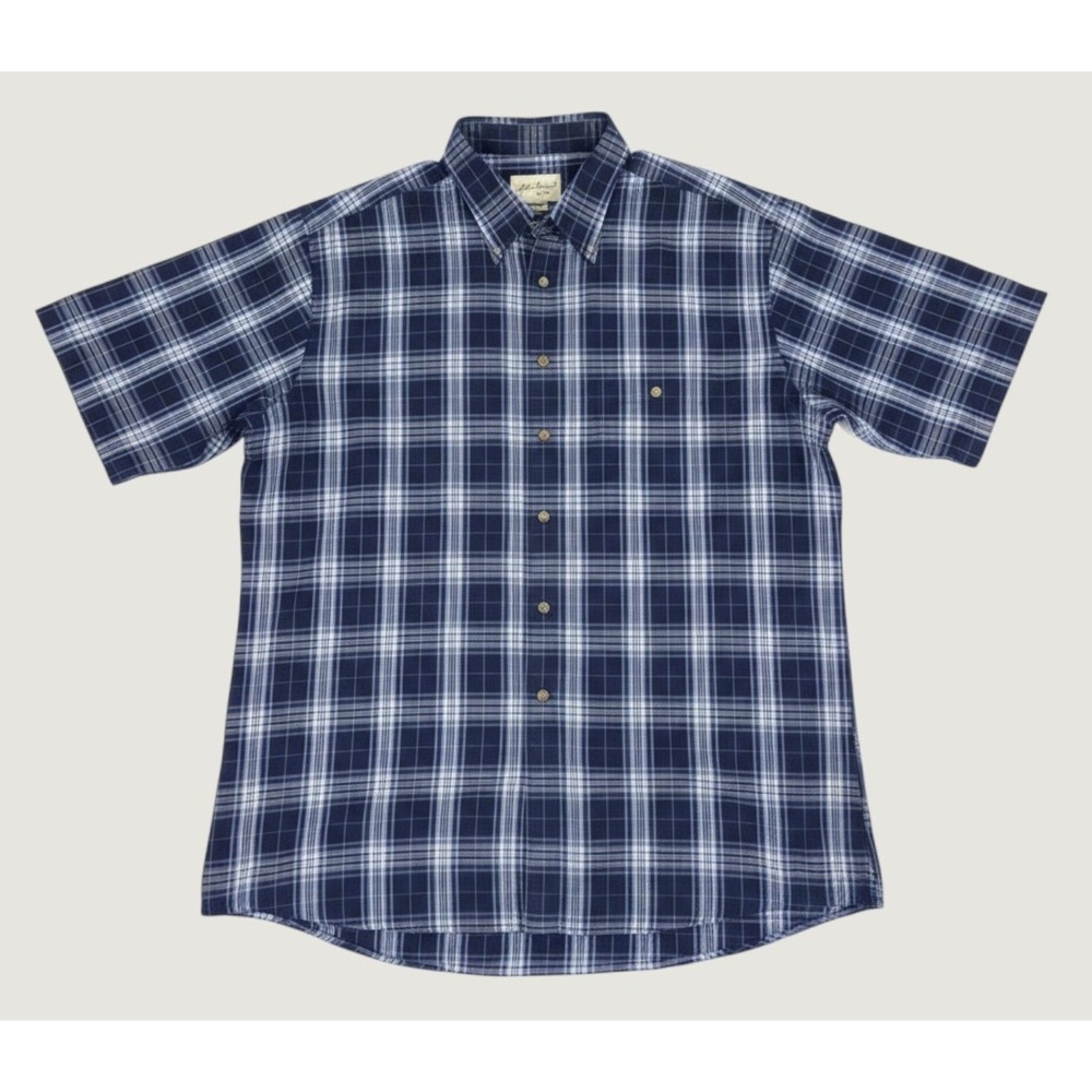 Eddie Bauer Mens Tall Large Blue Plaid Cotton Short Sleeve Button Down Shirt